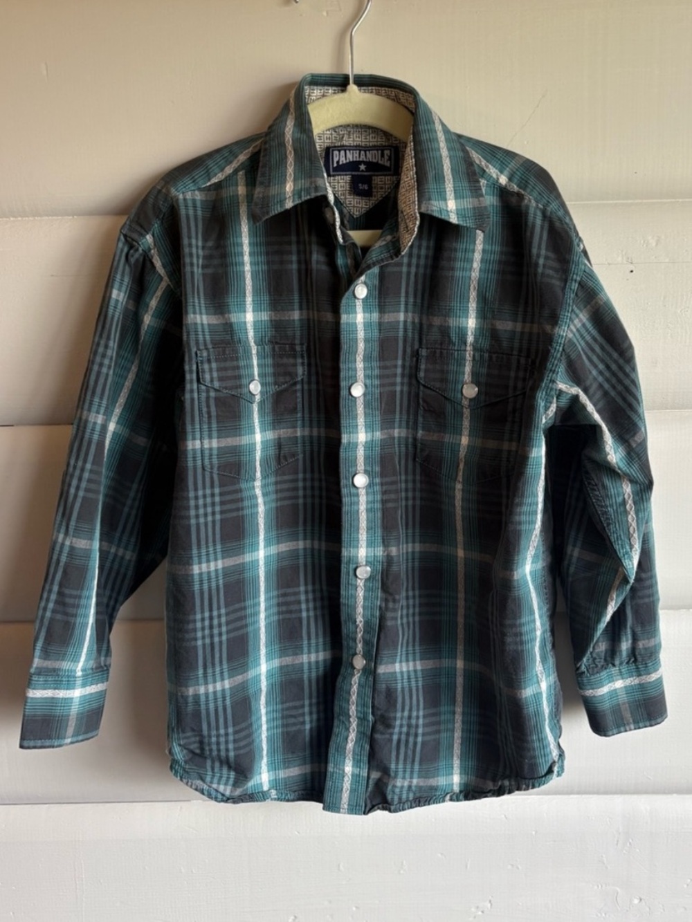 Panhandle Boys Western Pearl Snap Plaid Buttons Shirt Teal Size S/6
